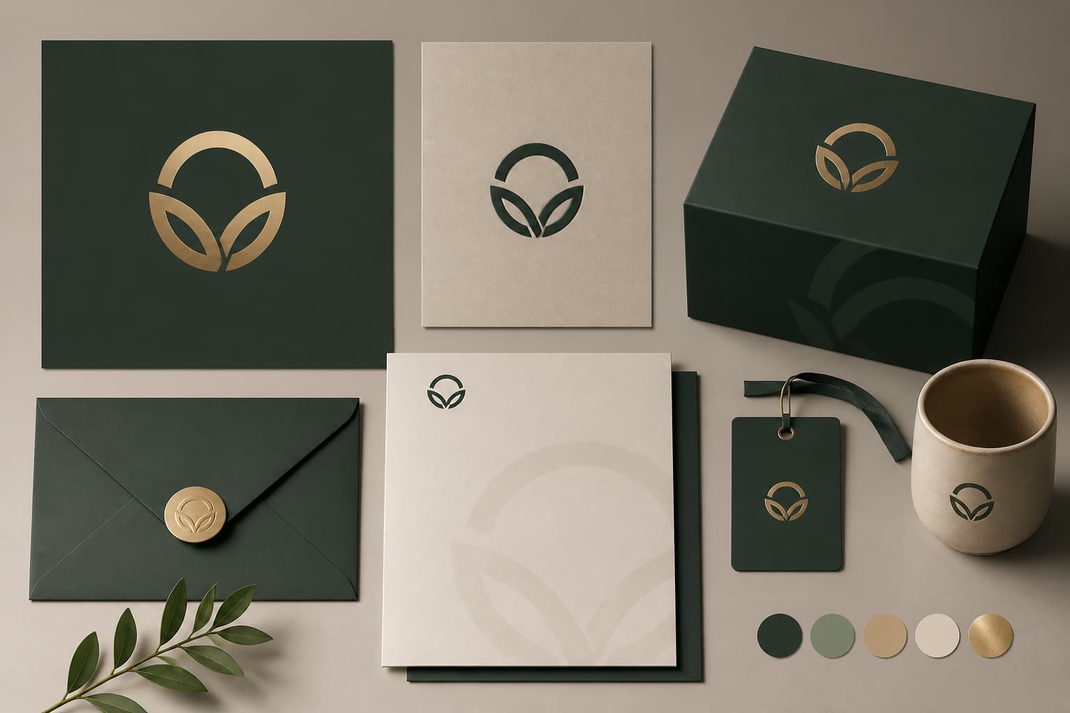 Visual identity system with brand assets arranged around a central mark