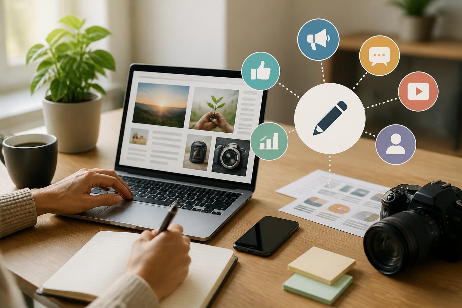 Content marketing workspace with editorial planning and digital content screens