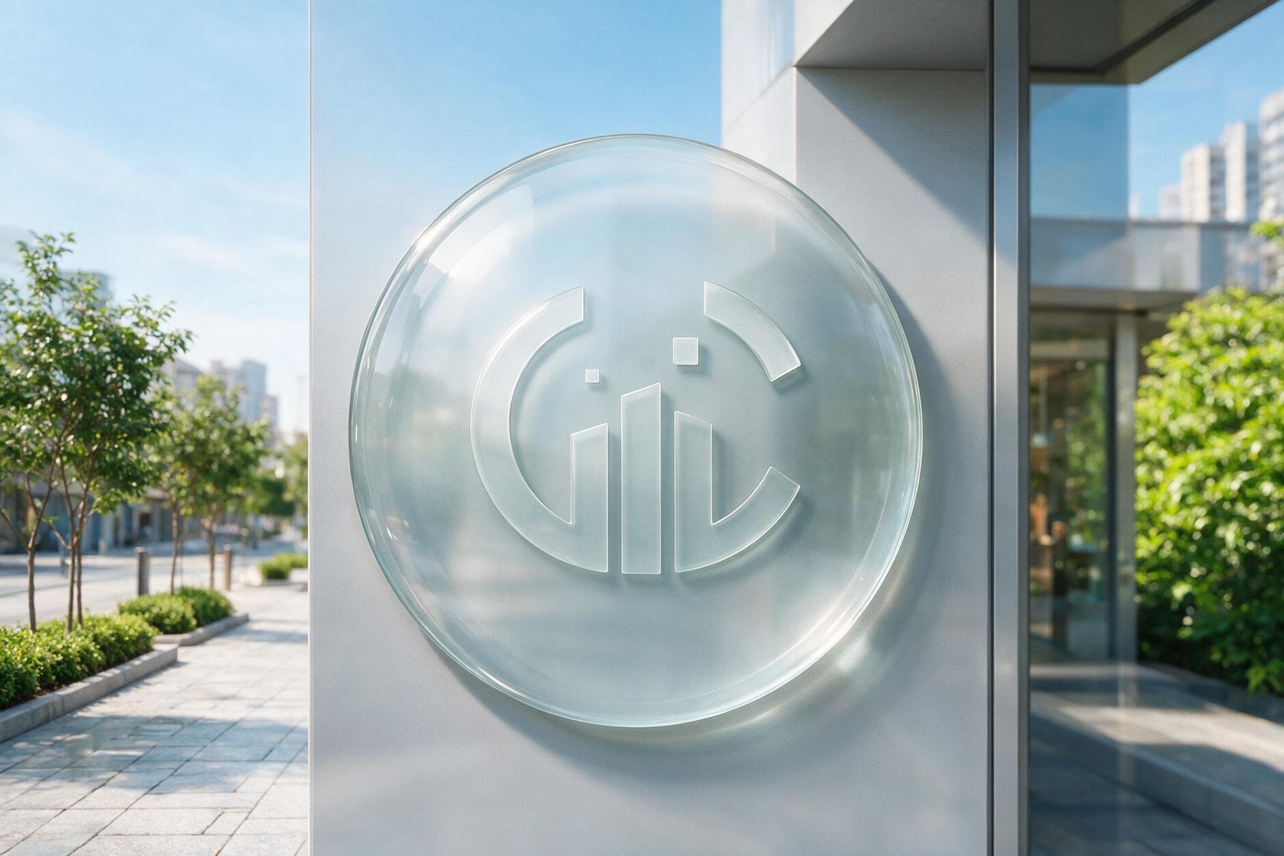 Frosted glass logo sign mounted on an exterior wall