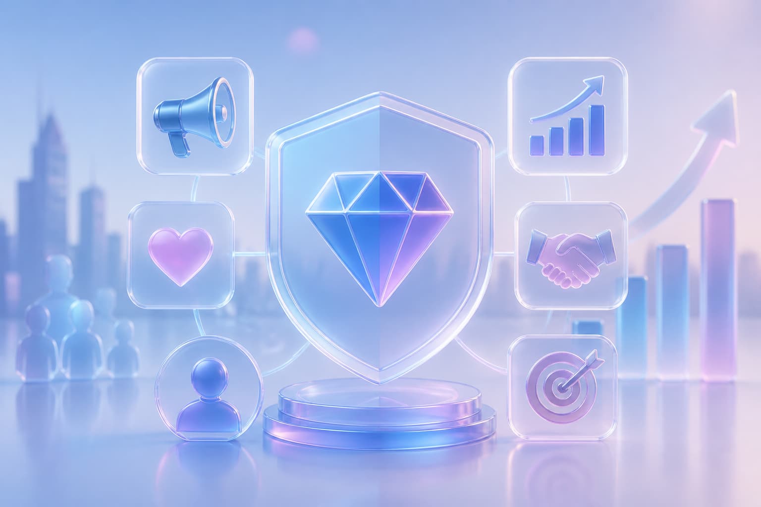 Glass shield with icons for brand trust, audience, growth, and targeting