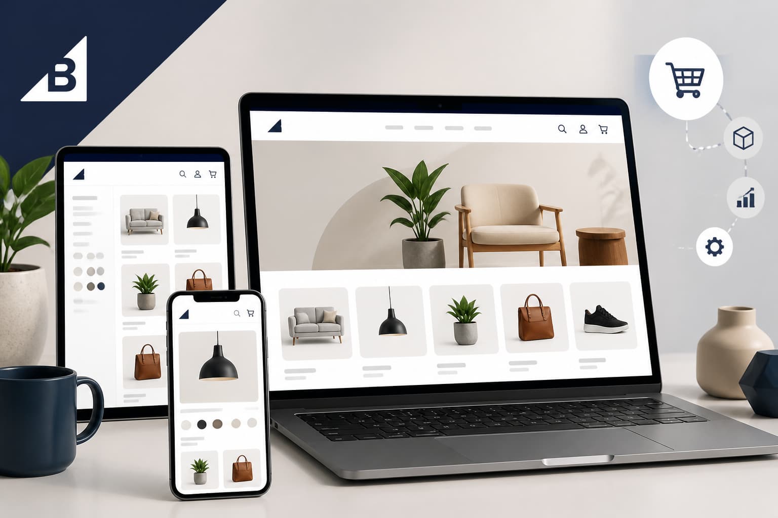 BigCommerce storefront displayed across laptop, tablet, and phone screens
