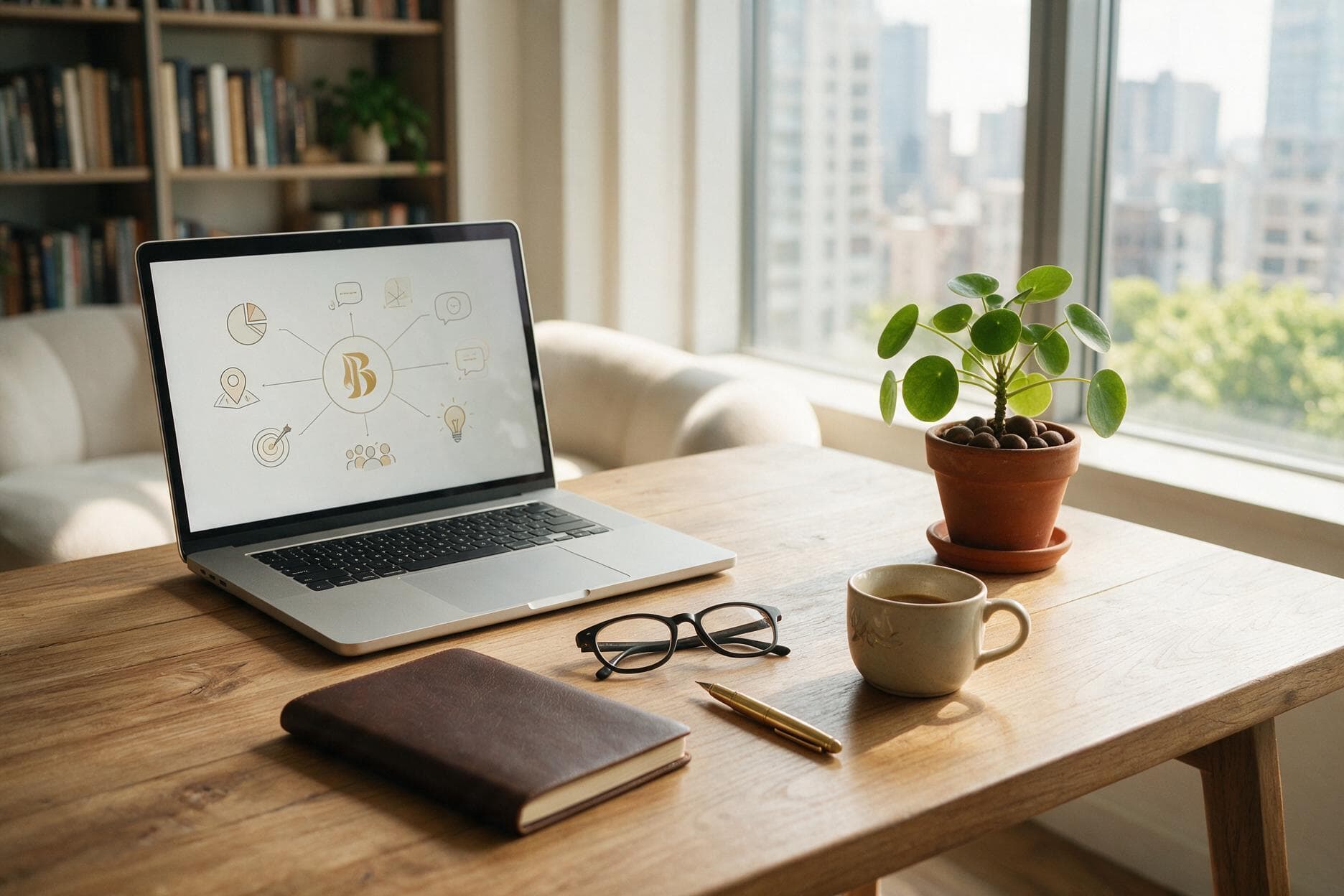 Brand consulting workspace with strategy notes and visual direction materials