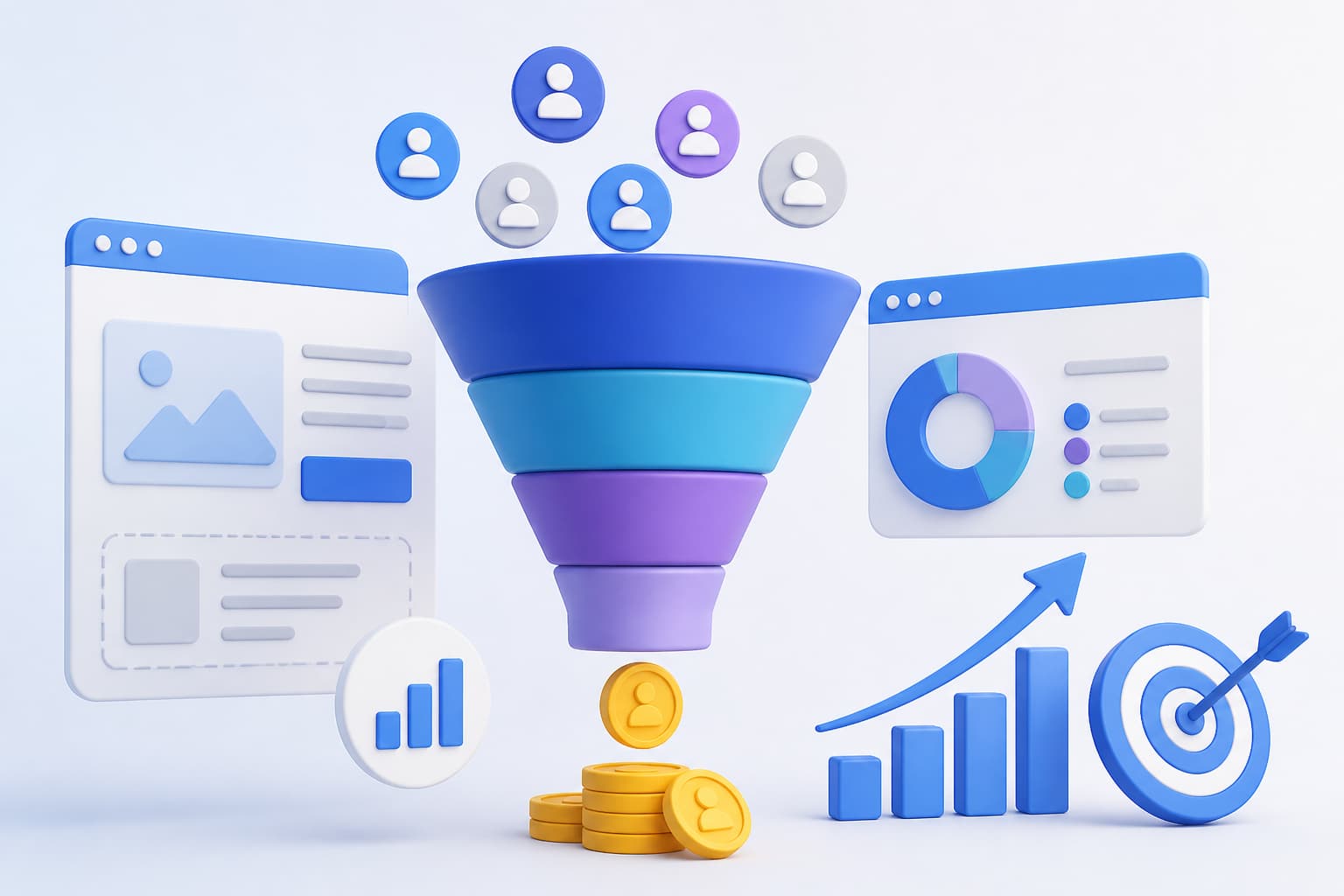 Conversion optimization dashboard with funnel, testing, and growth metrics