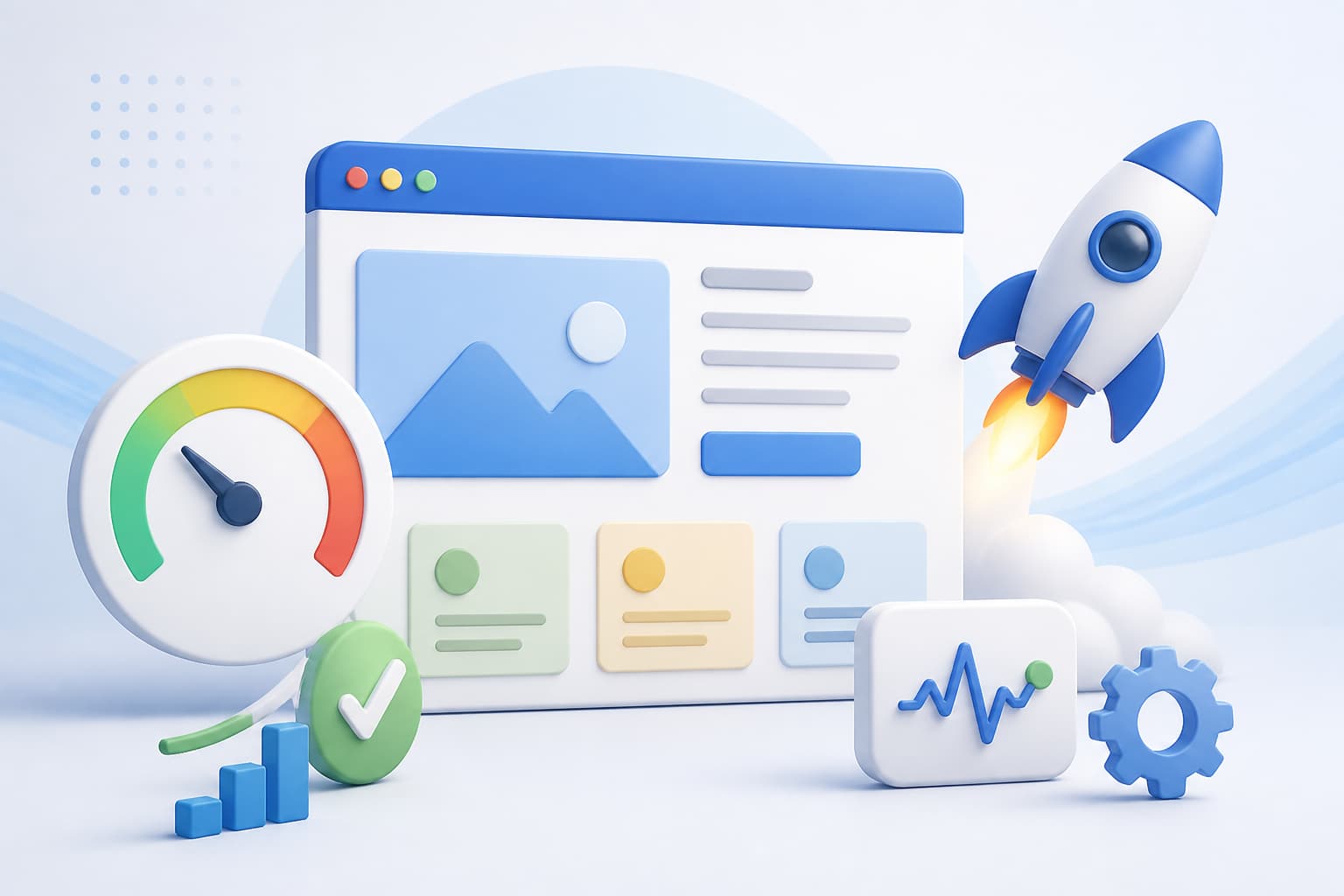 Website performance interface with Core Web Vitals and optimization indicators