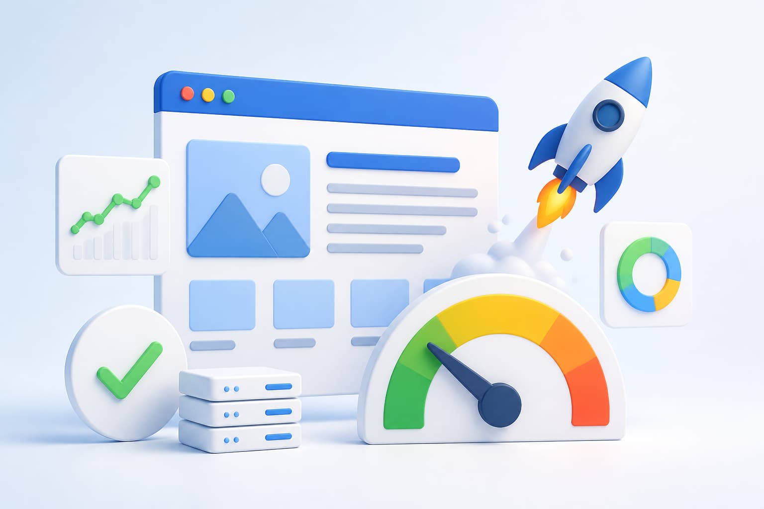 Core Web Vitals dashboard with speed, stability, and performance metrics