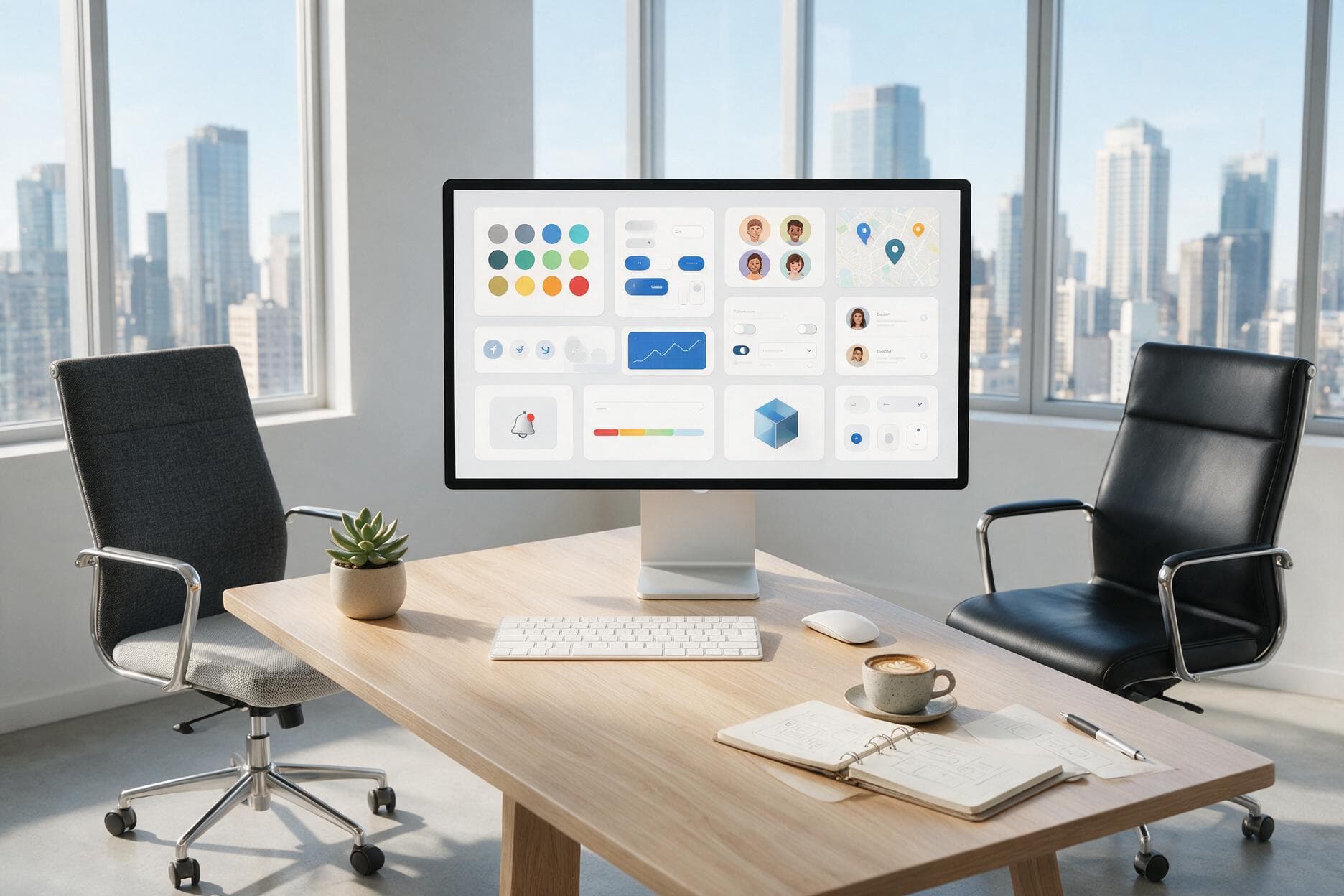 Component library and design tokens shown across interface screens