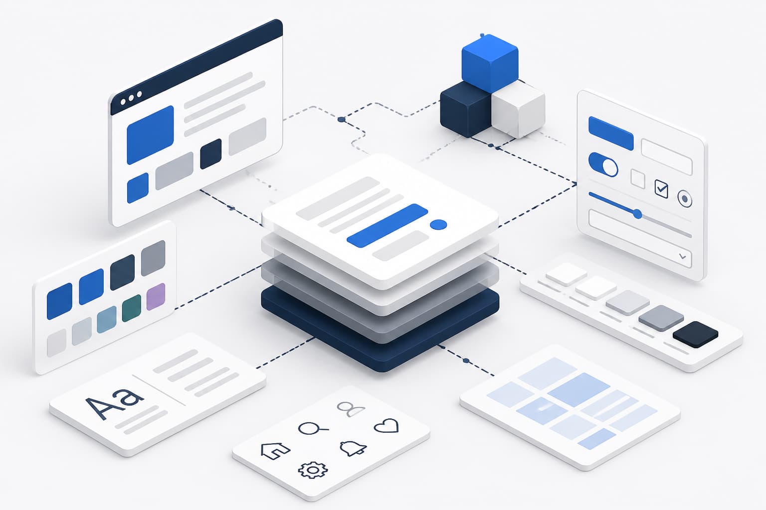 Design system interface with reusable components, colors, and typography