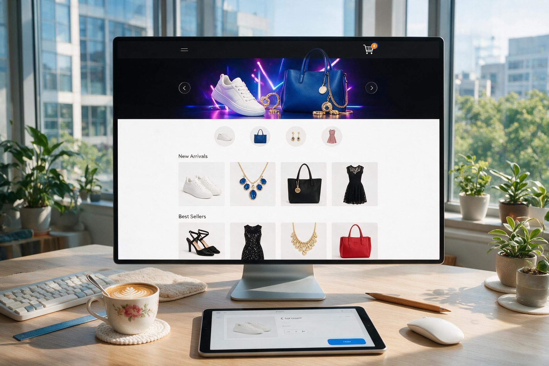 Ecommerce dashboard with product cards, analytics, and shopping cart elements