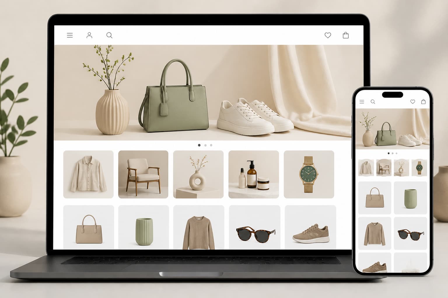 Ecommerce storefront interface displayed across desktop and mobile devices