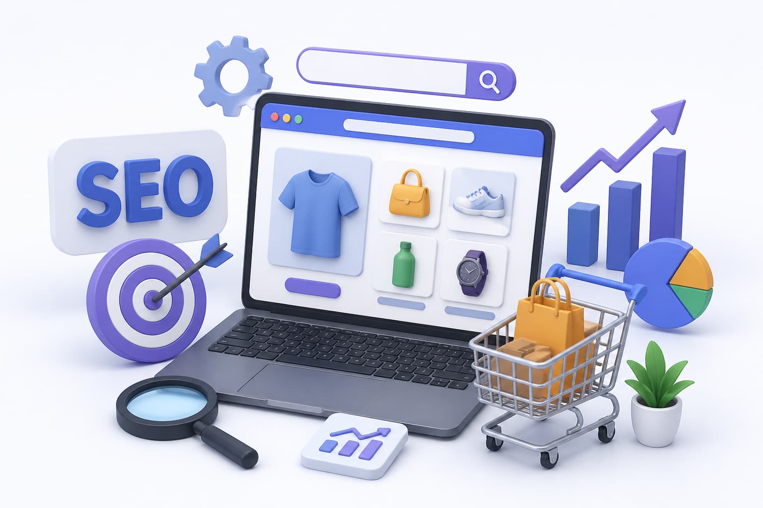Ecommerce SEO analysis interface with product visibility and growth indicators