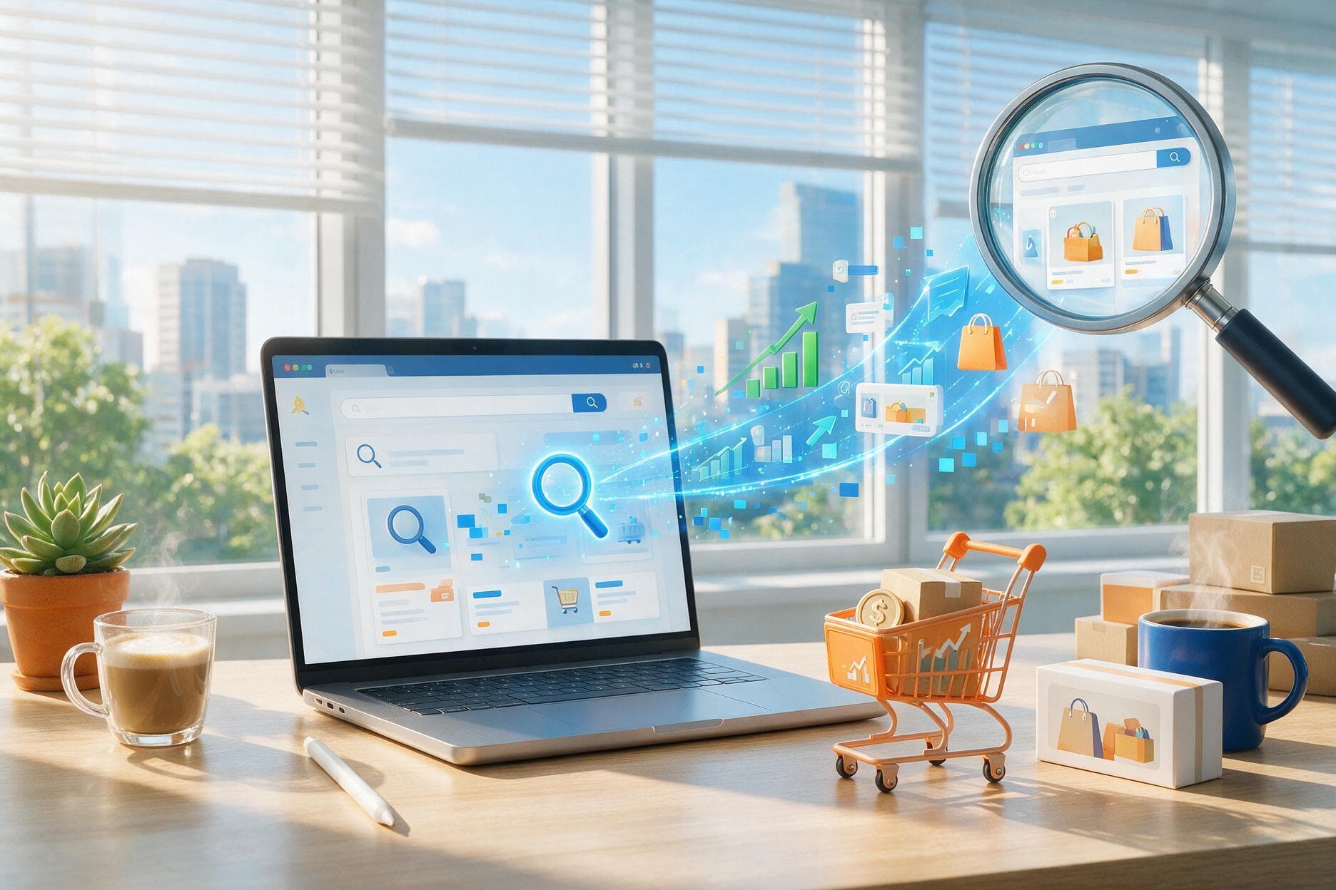 Ecommerce search dashboard with product results, charts, and magnifying glass graphics