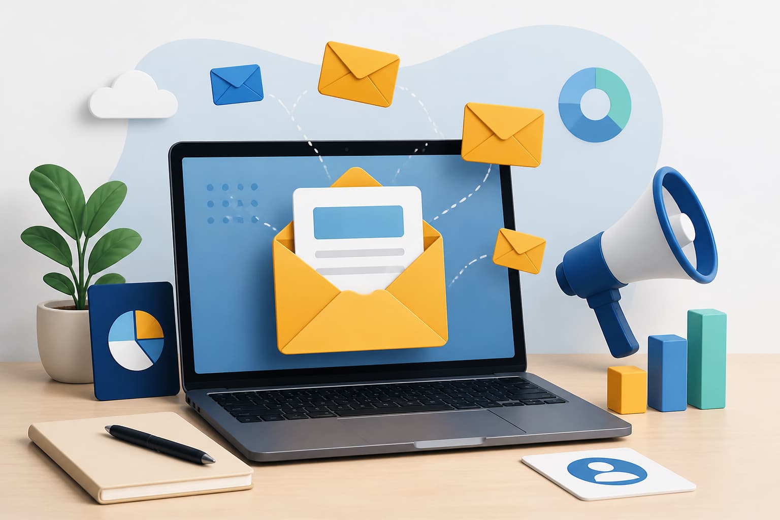 Email marketing campaign dashboard with message cards and performance charts