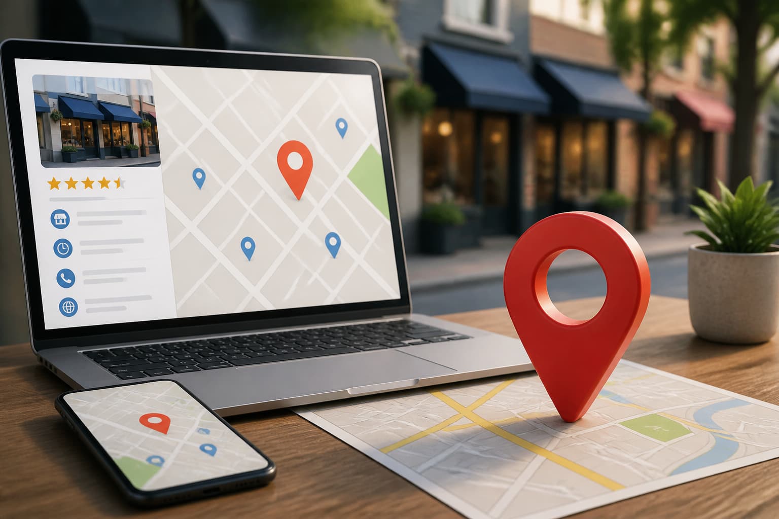 Local SEO search interface with map pins, rankings, and business visibility markers