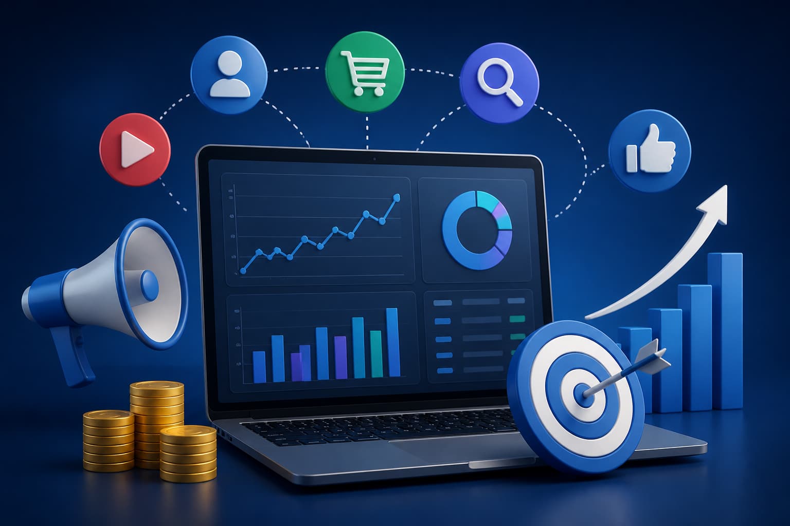 Digital advertising analytics dashboard with campaign and conversion indicators