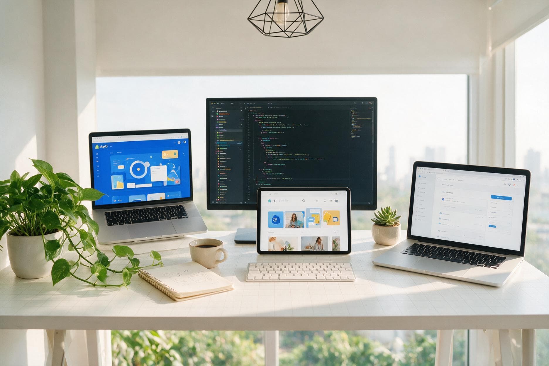 Shopify dashboard, code editor, and storefront previews on a workspace
