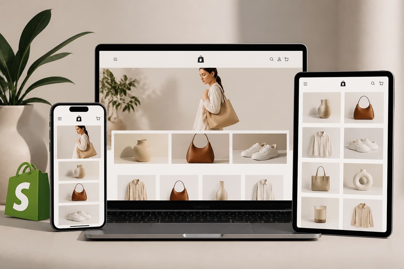 Shopify storefront displayed across laptop, tablet, and phone screens