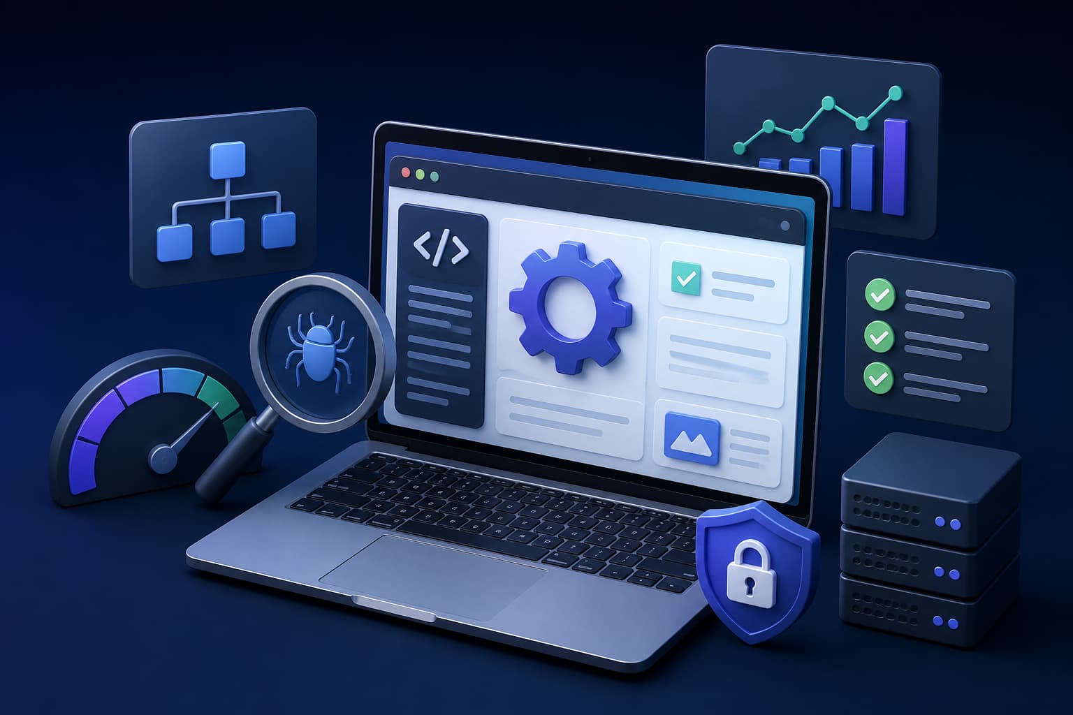 Website audit interface with technical SEO checks and search visibility charts
