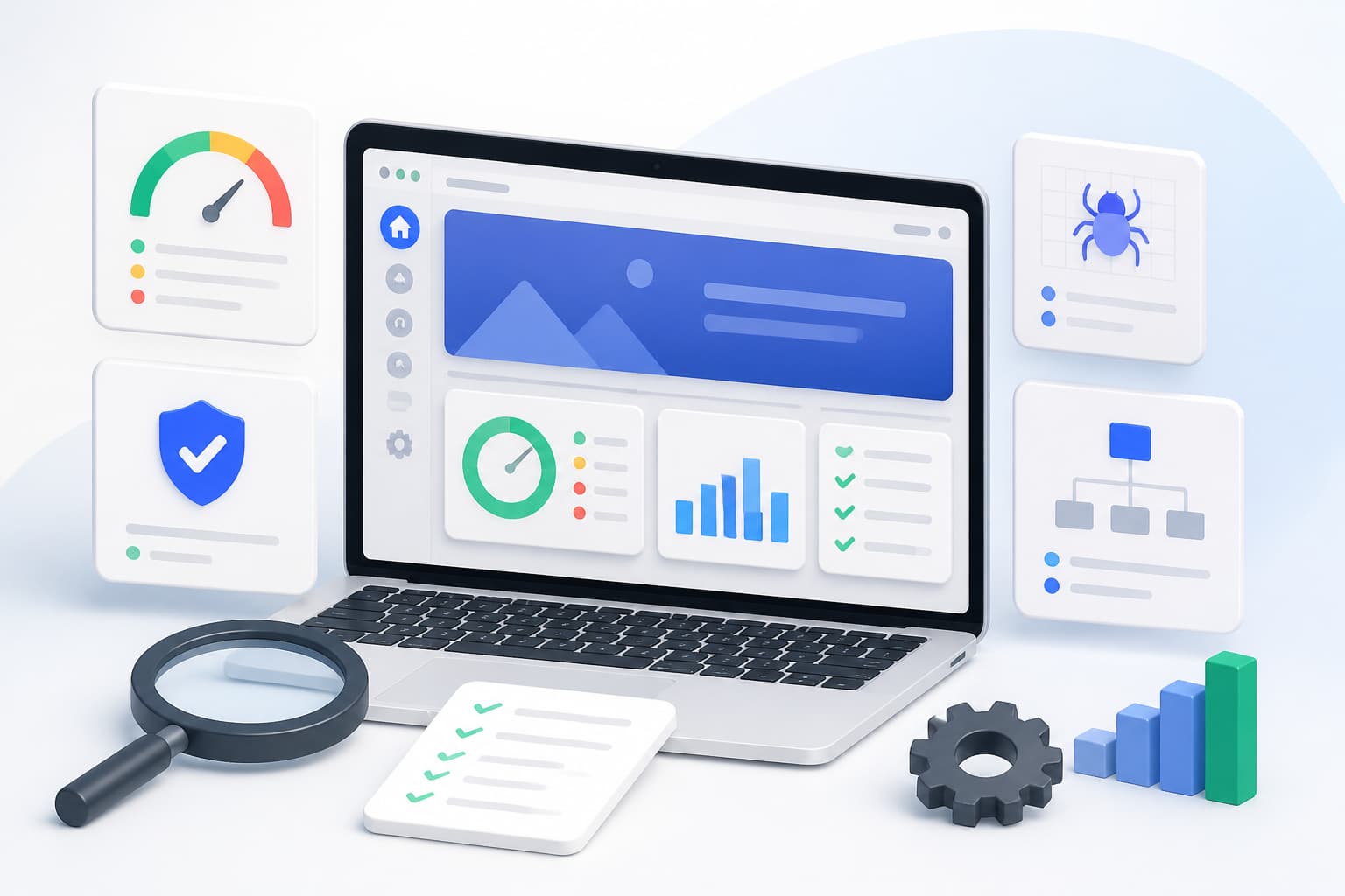 Website audit report with technical checks, charts, and health signals