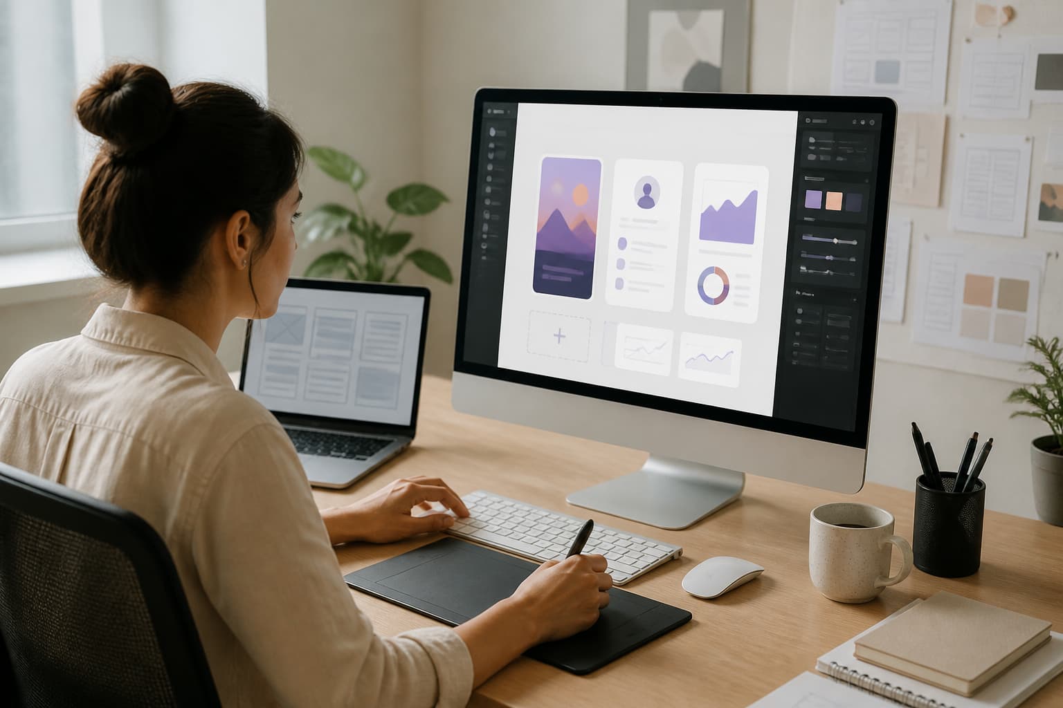 User interface screens arranged with UX planning elements