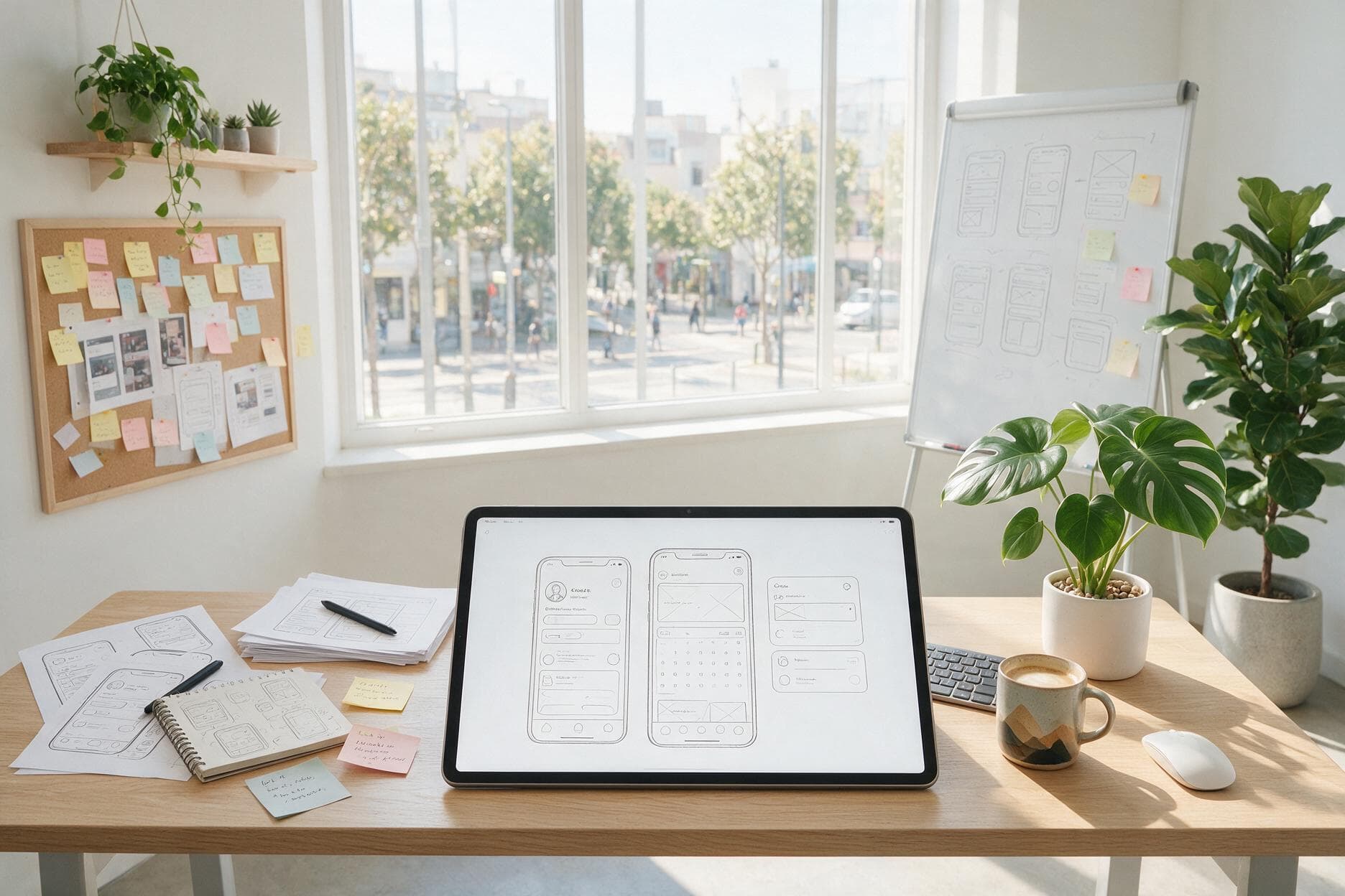 UI and UX design workspace with interface screens and layout planning