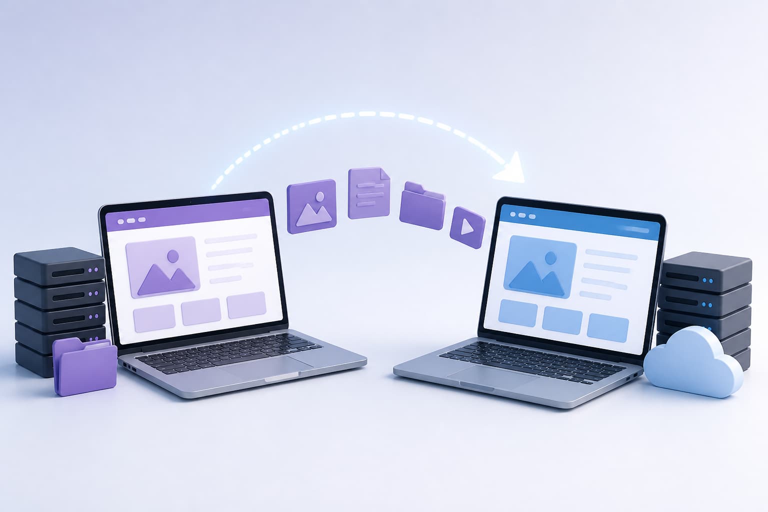 Website migration workflow with connected platform screens and transfer indicators