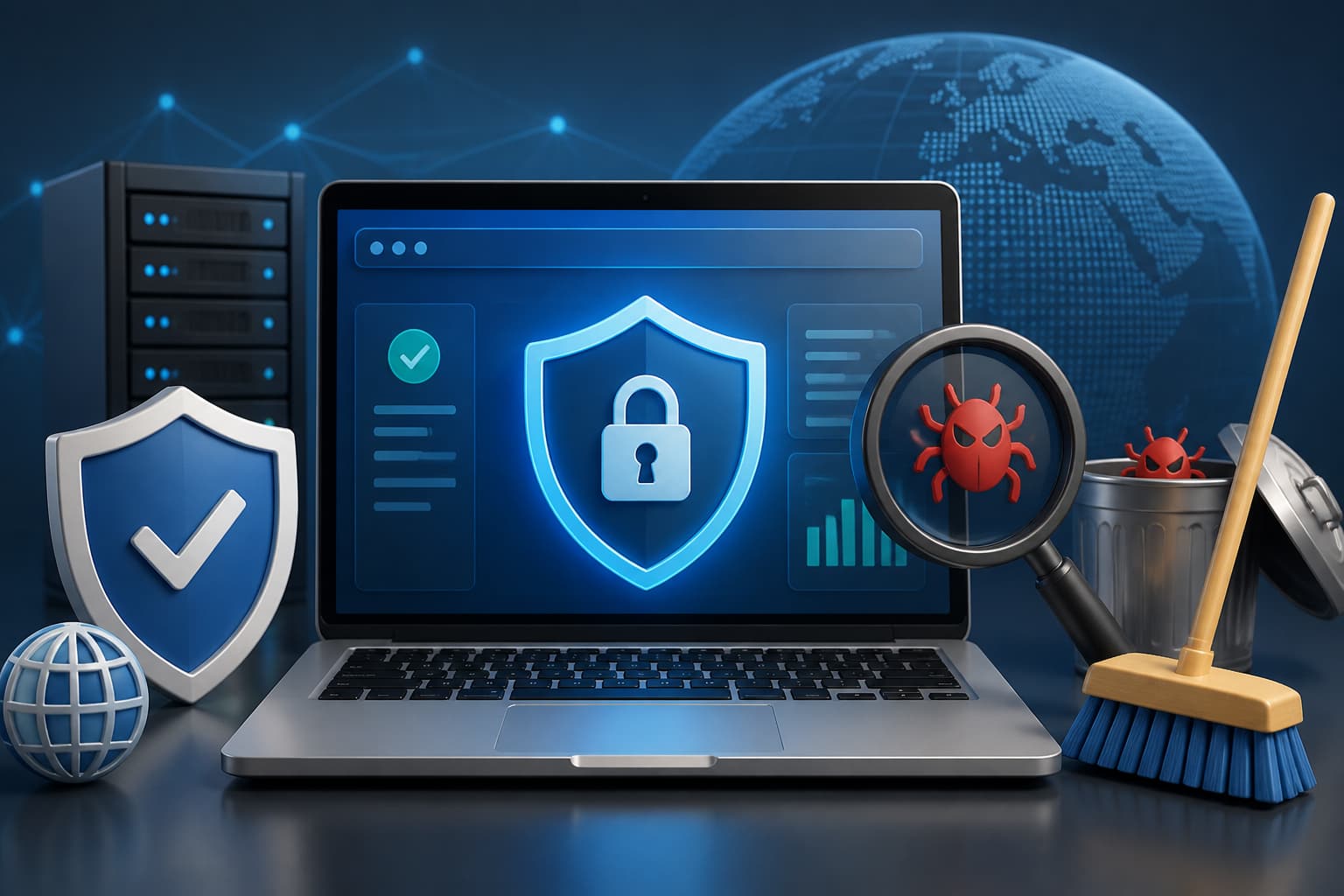 Security cleanup interface with shield, scan, and threat indicators