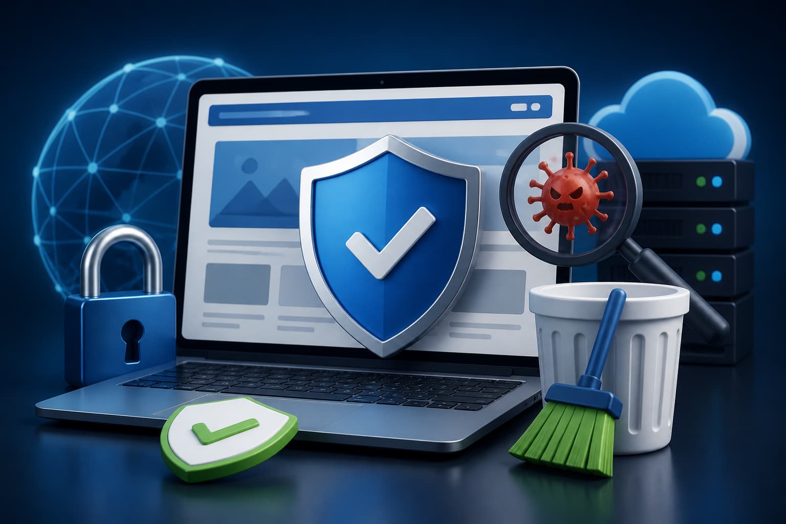 Website security dashboard with malware scan and protection indicators