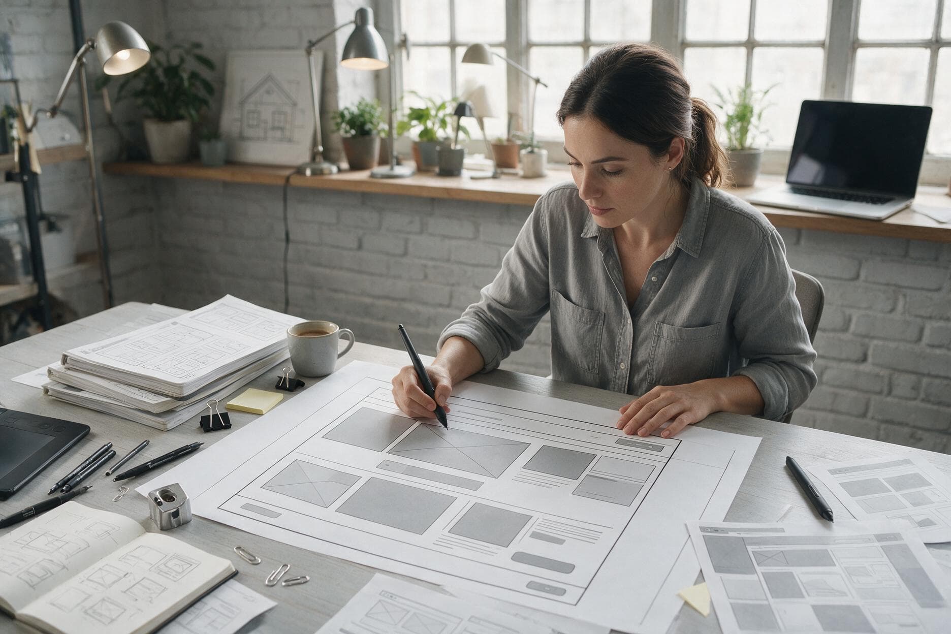Wireframe screens showing page structure and user journey planning