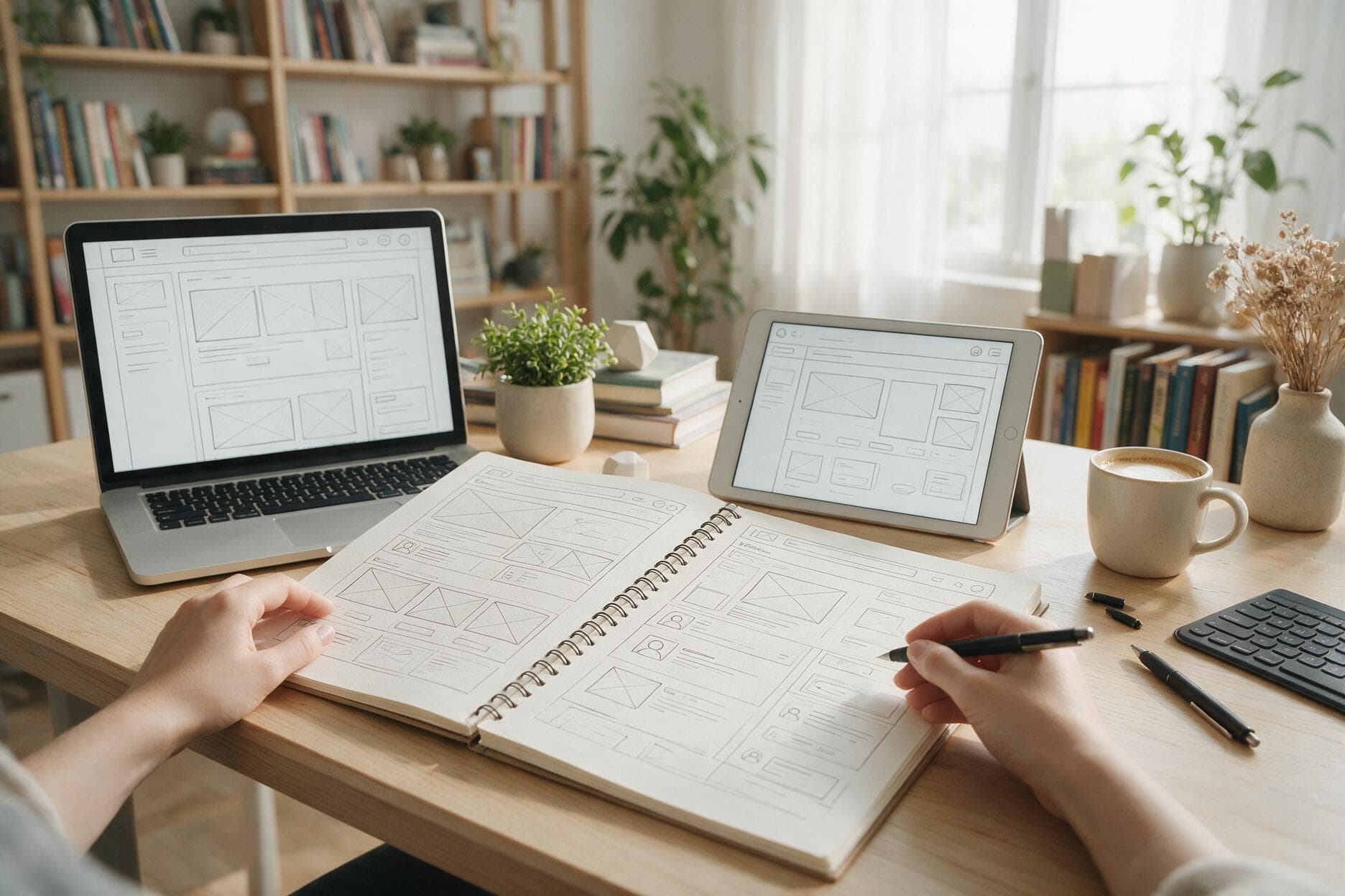 Website wireframes and interface layout sketches on a design workspace