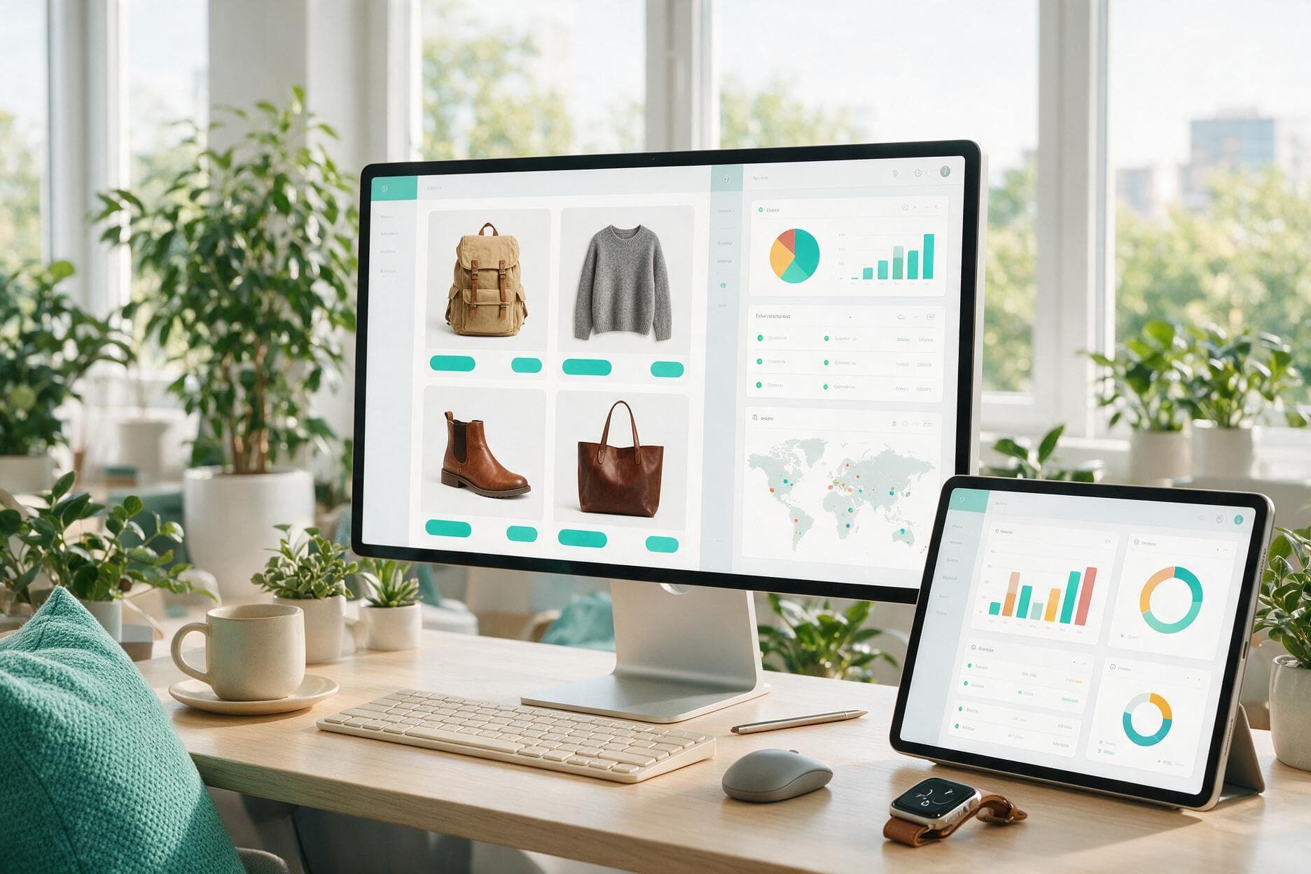 WooCommerce store management and product pages shown across screens