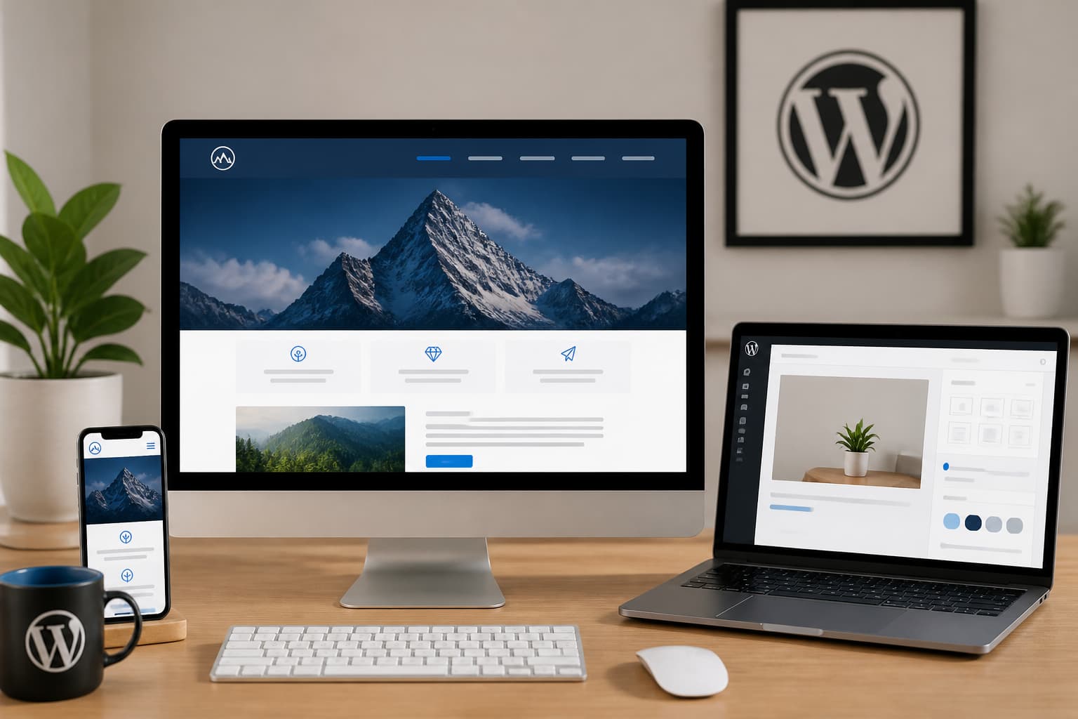 WordPress development workspace with website previews and editing tools