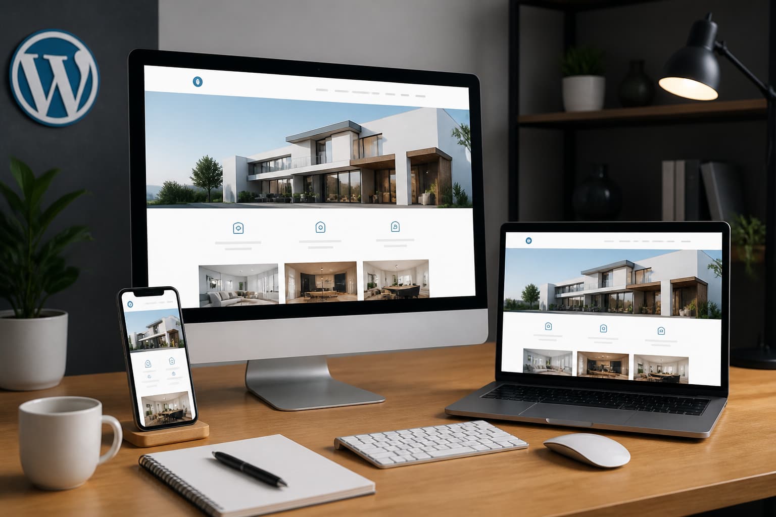 WordPress website displayed across desktop, laptop, and mobile screens