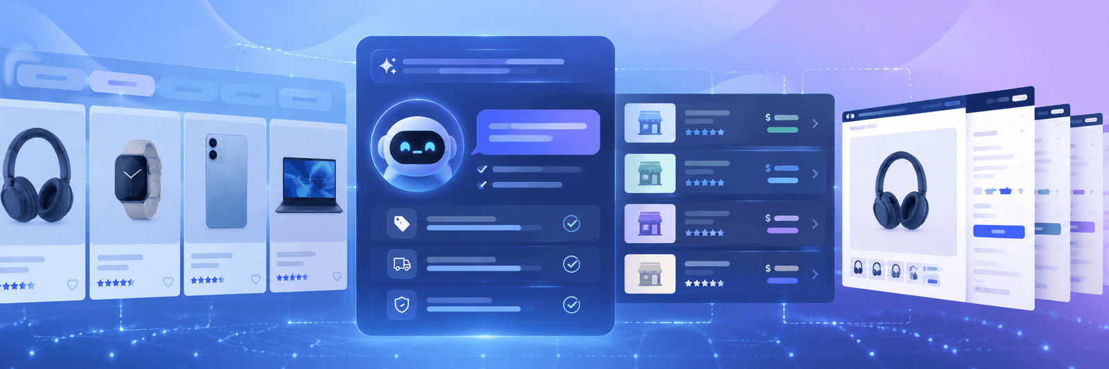 AI shopping assistant comparing ecommerce products on a digital dashboard
