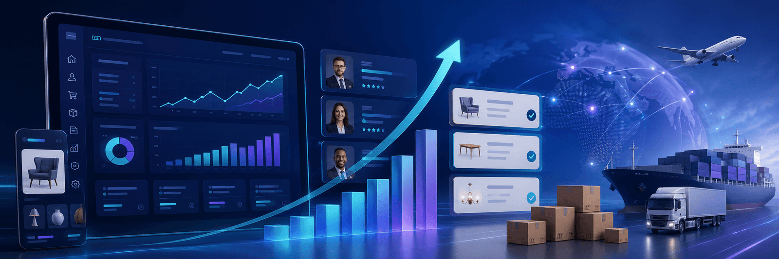 Professional B2B ecommerce dashboard with company buyer accounts, product catalog cards, quote request panel, and order management interface