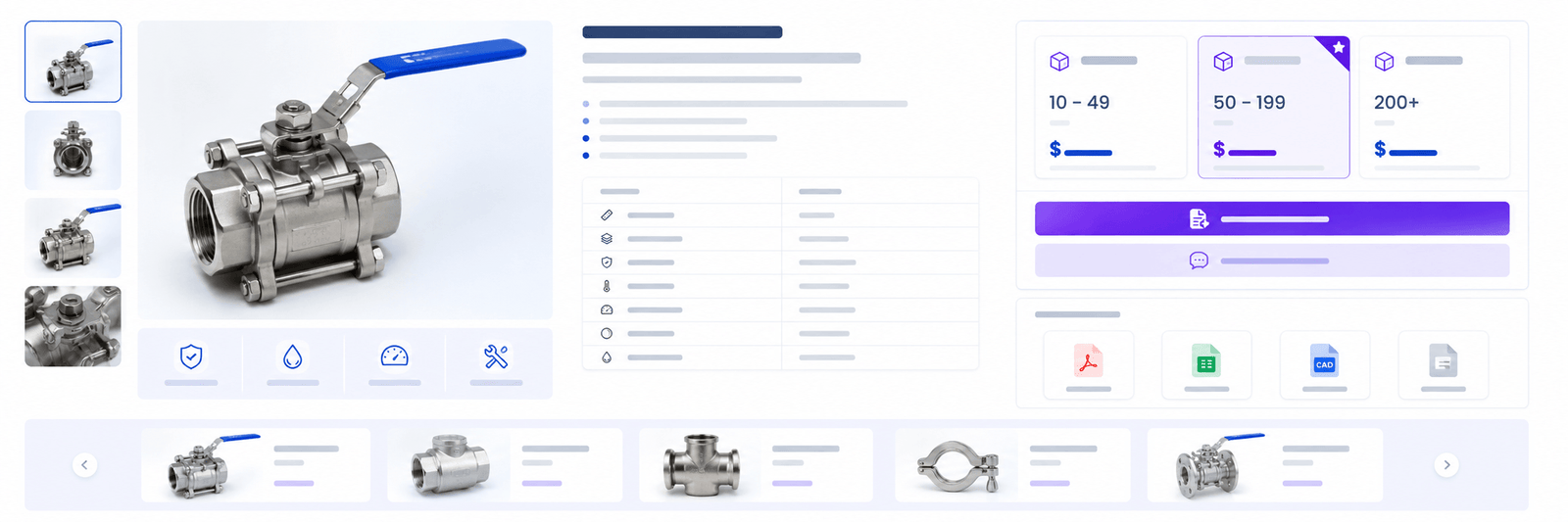 Detailed B2B product page layout with specifications, bulk pricing, quote button, downloadable documents, and related products