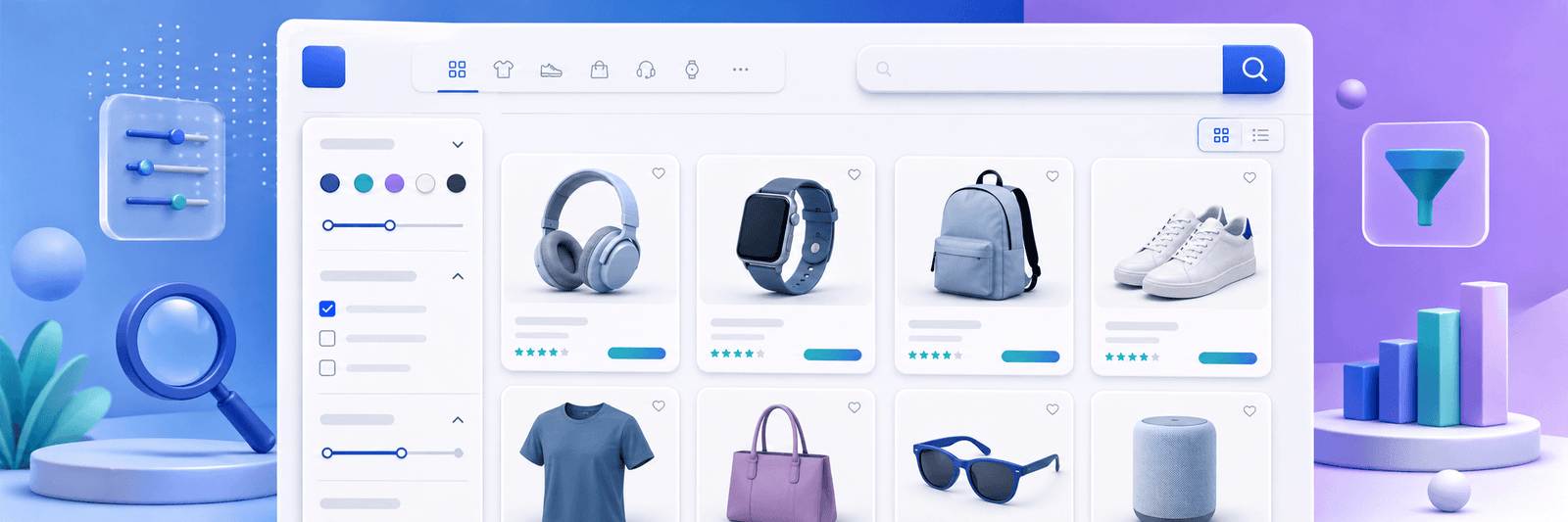 BigCommerce product listing page with filters, search bar, and clean ecommerce product cards