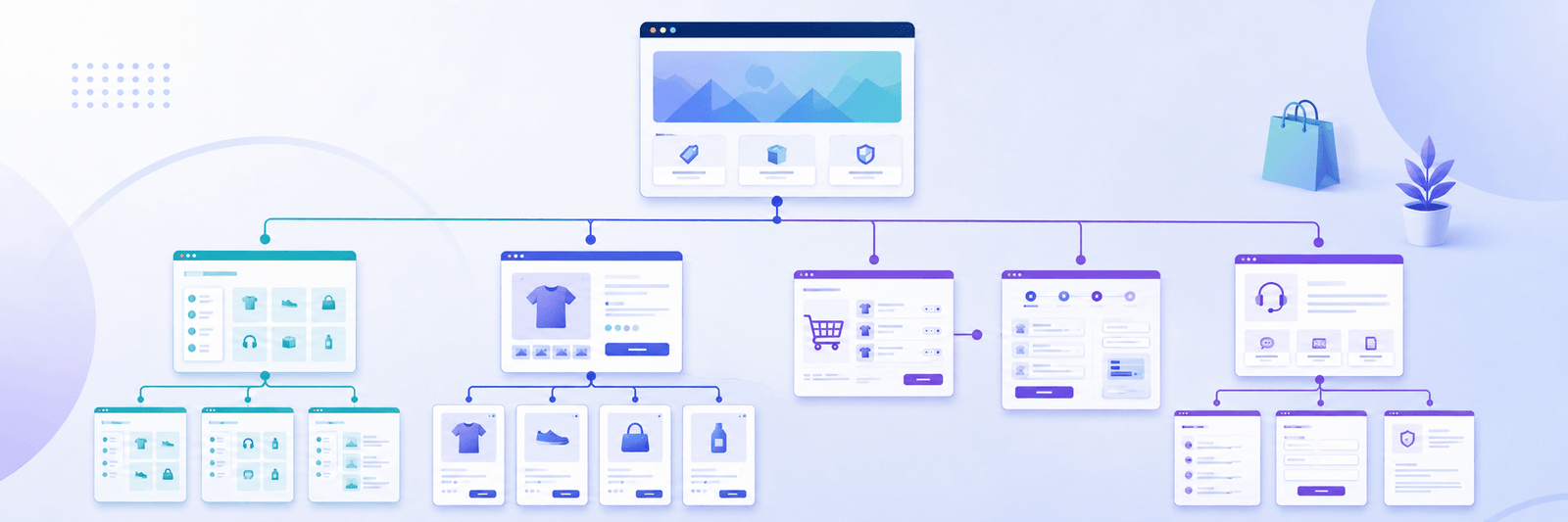 Ecommerce sitemap and store structure wireframe showing homepage, categories, product pages, cart, and checkout