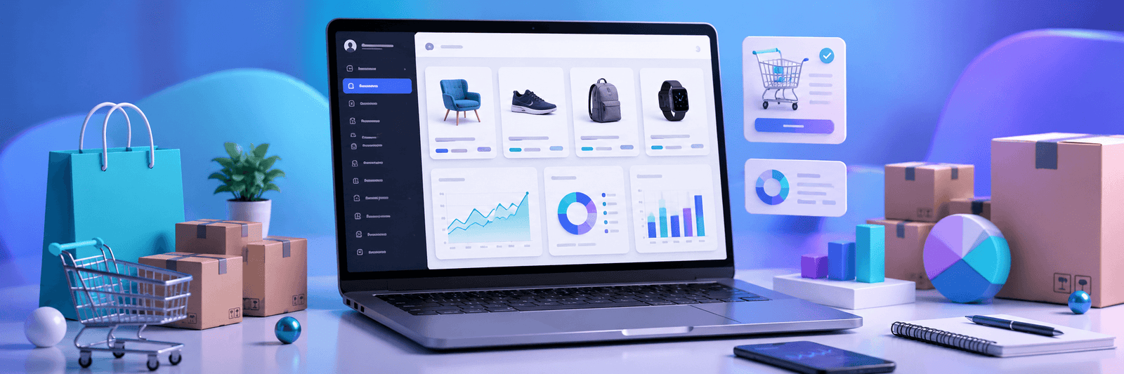 Modern BigCommerce ecommerce dashboard with product cards, analytics, and shopping cart elements