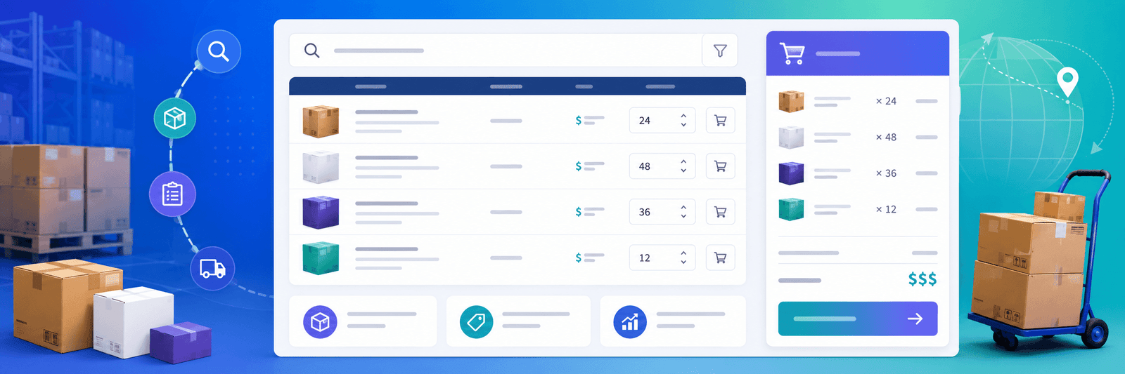 B2B quick order interface with SKU search, bulk quantity fields, product rows, and add-to-cart workflow