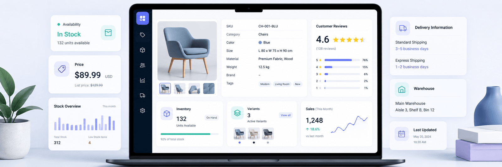 Structured ecommerce product data dashboard with product details, price, stock, size, and shipping information