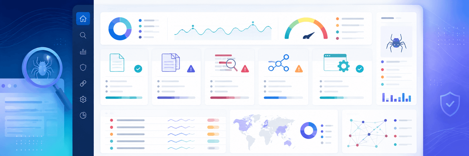 SEO spam audit interface showing content quality checks, duplicate content alerts, keyword stuffing, and technical issues