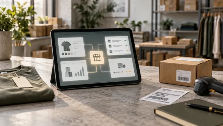 Connected ecommerce operations dashboard beside a parcel, garment, and barcode scanner