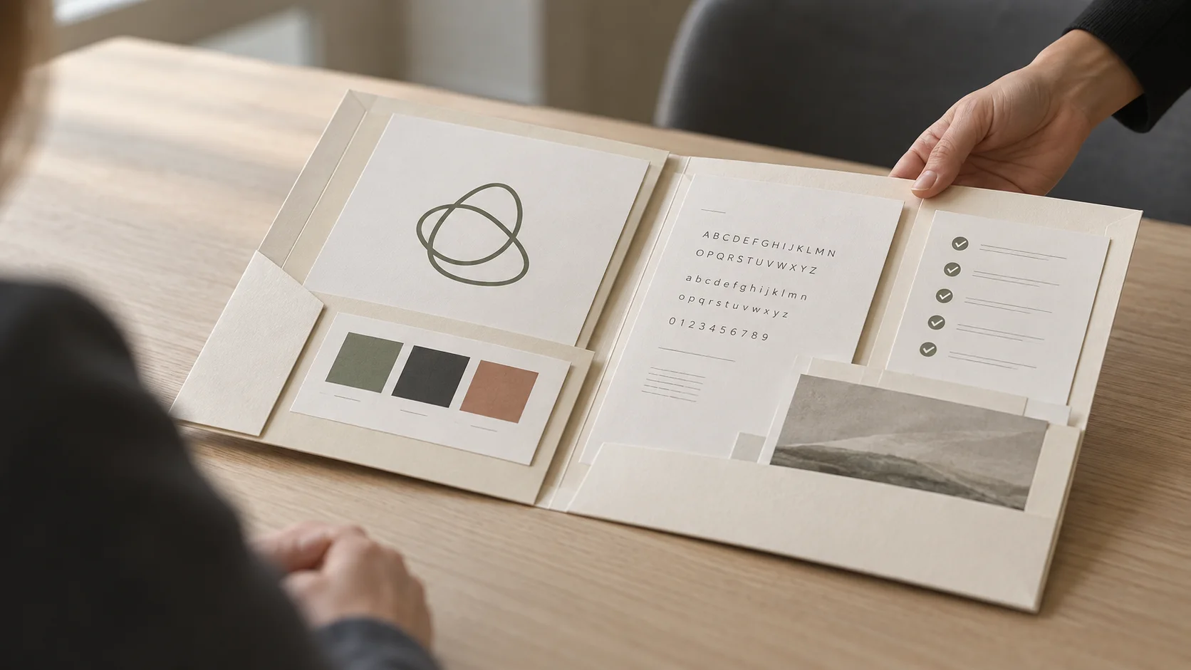 Brand portfolio folder being handed across a table with logo, typography, color, and checklist sheets
