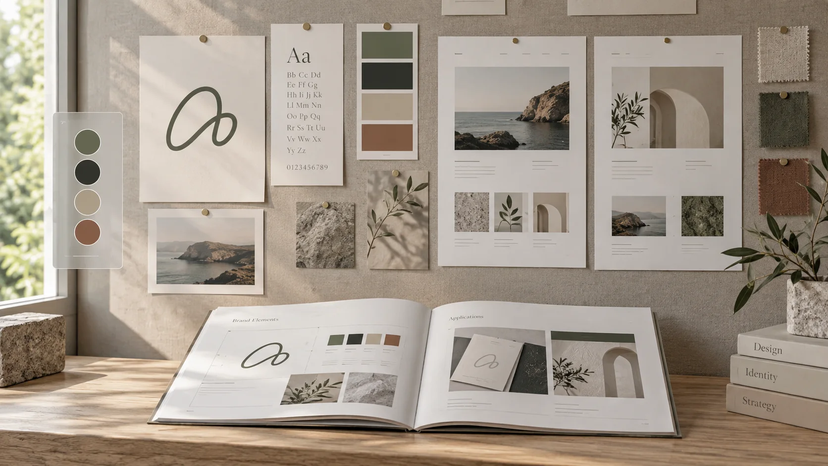 Brand identity pinboard with logo studies, color swatches, typography, and an open brand manual
