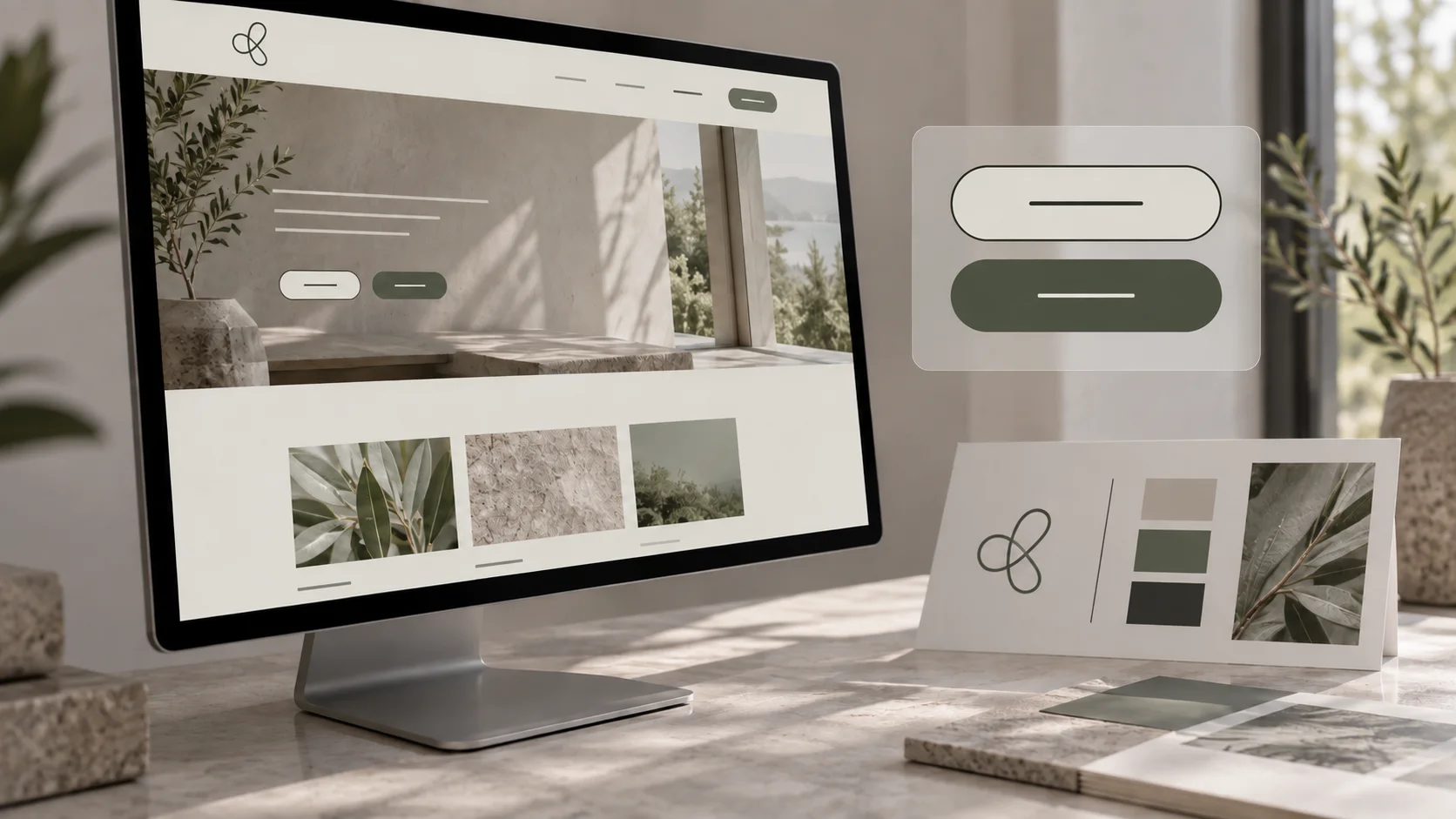 Desktop website concept beside a brand color proof and enlarged interface button examples