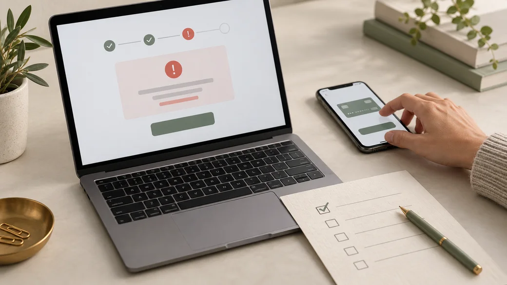 A laptop shows a generic checkout error state while a shopper uses a phone to retry and a checklist tracks recovery