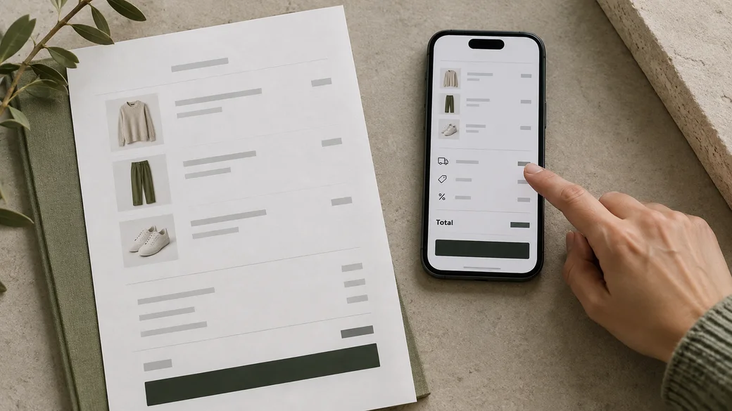 An order summary on paper and phone highlights delivery cost and the final checkout total