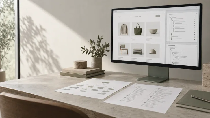 Ecommerce technical SEO review on a monitor alongside printed site structure and crawl planning sheets