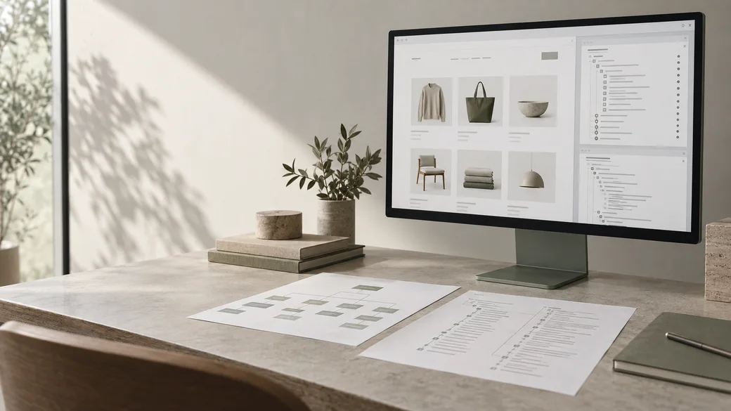 Ecommerce technical SEO review on a monitor alongside printed site structure and crawl planning sheets