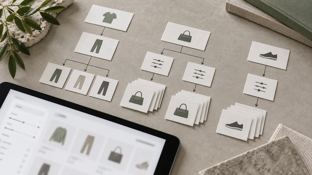 Printed ecommerce category and filter paths organized into a clear crawlable structure beside a tablet